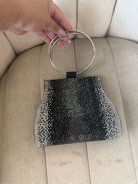 Elegant Black & Silver Crystal Wristlet Bag with Metal Ring Handle